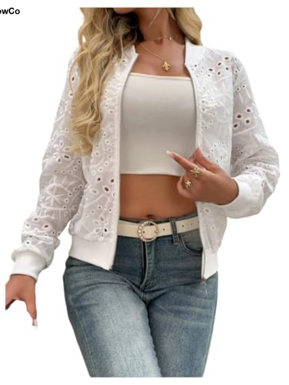 Eyelet Embroidered Bomber Jacket - Lightweight Zip Up Long Sleeve